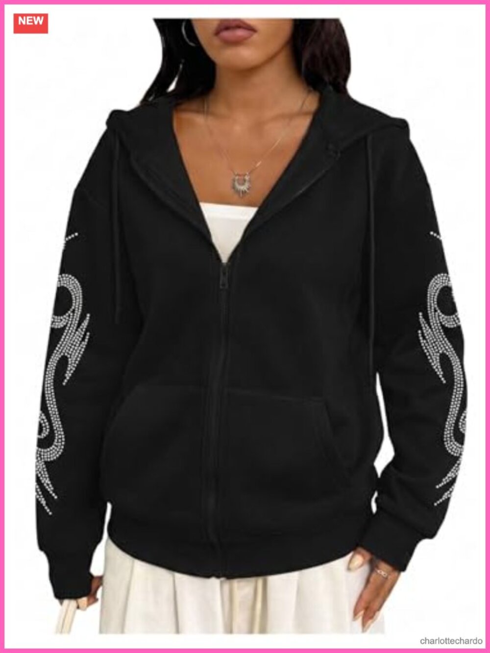 Women's Y2K Rhinestone Zip Up Oversized Hoodie Gothic Streetwear Sweatshirt